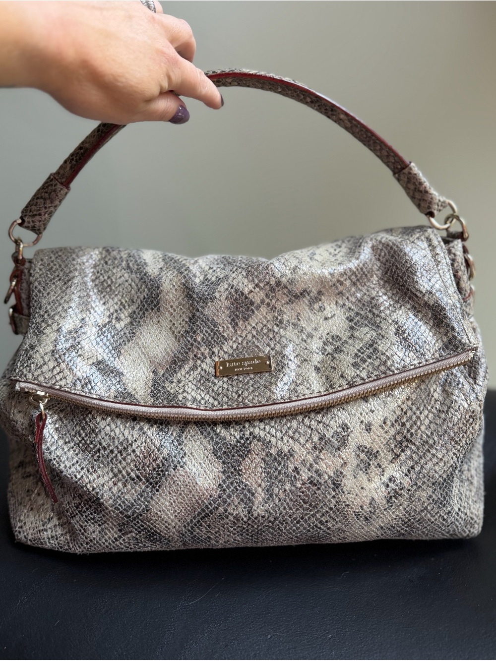 kate spade Snake Embossed Leather Gray Taupe Shoulder Bag Red Piping Silver HW